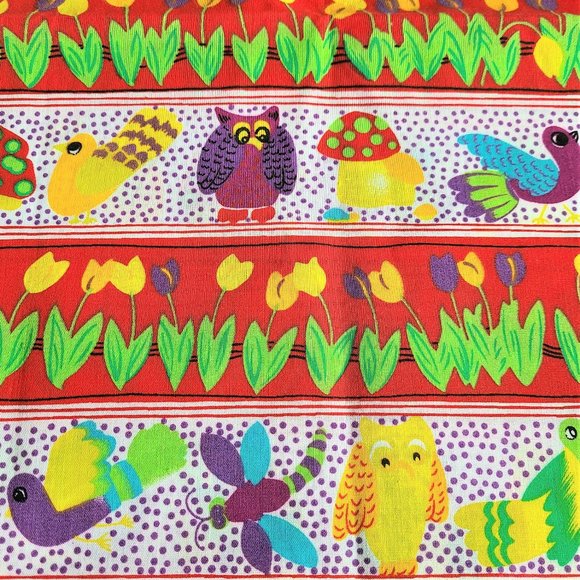 Sewing fabric with birds mushrooms and flowers. - Picture 1 of 5